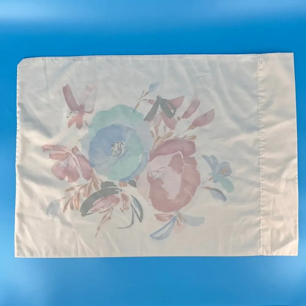 Vintage 80s Cottagecore Floral Pillowcase Pastel Watercolor 1980s Springmaid